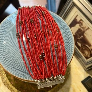 Stunning Vintage 25-Strand Coral Seed & Wood Bead Bracelet, Sterling Clasp